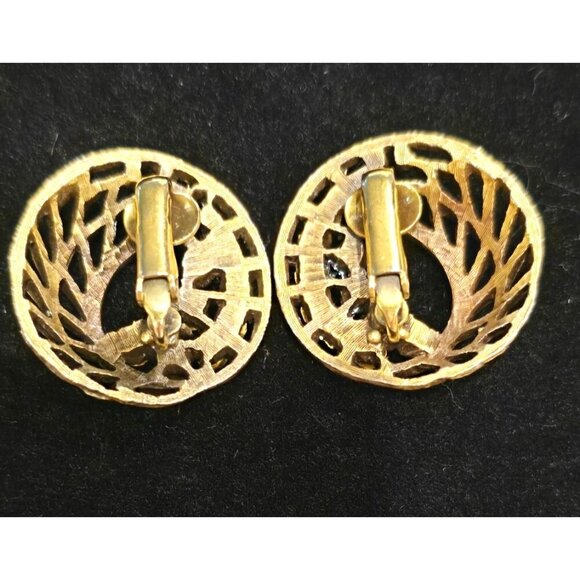 Vintage Mid-Century Gold-Tone Clip-On Earrings Red Rhinestones Circular Design - Picture 6 of 8